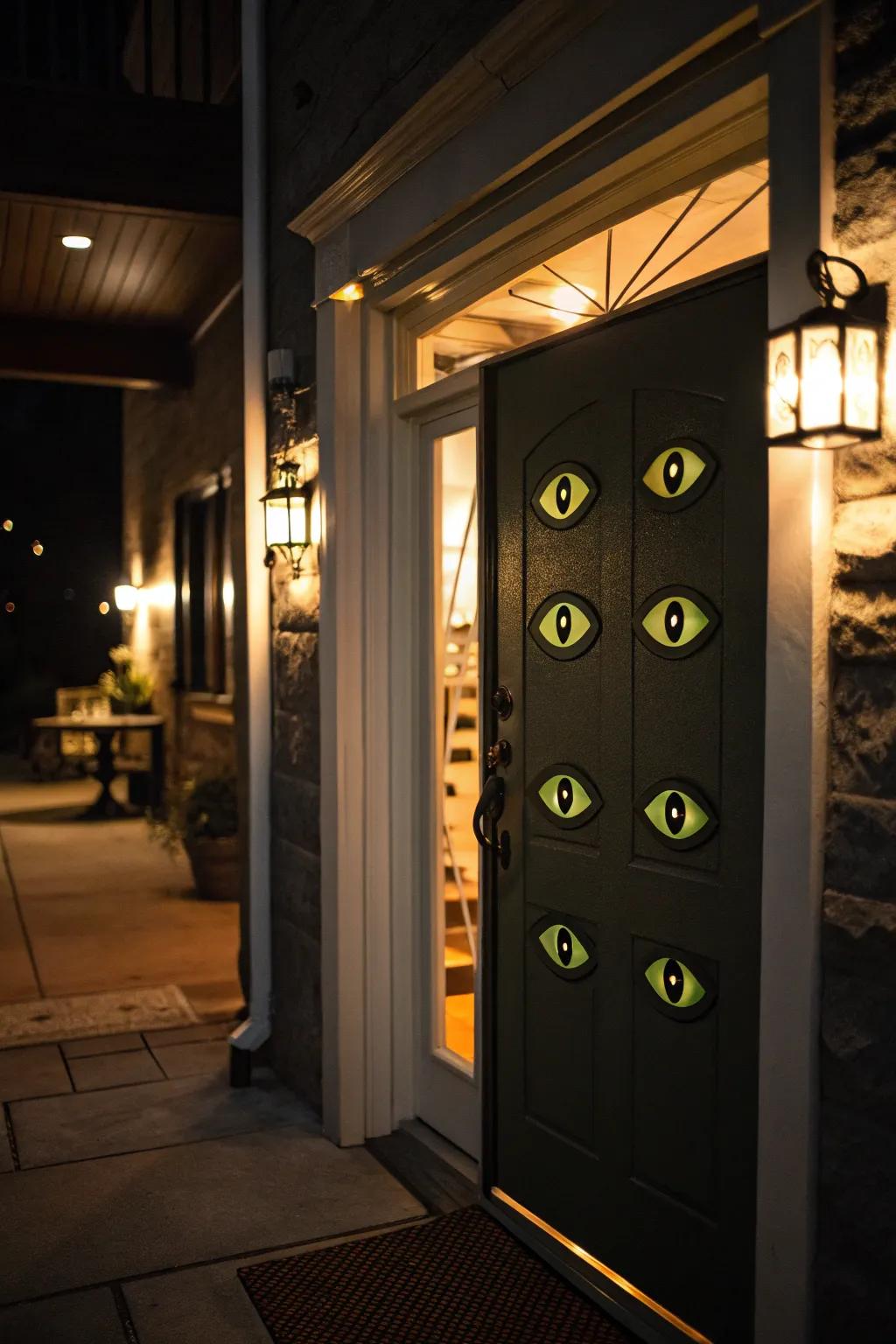 Eerie eyes give your door a mysterious Halloween vibe.
