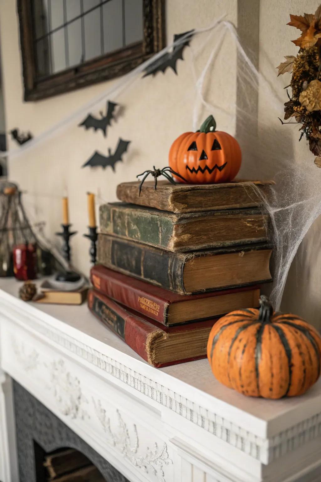 Vintage books contribute a scholarly, enigmatic flair.