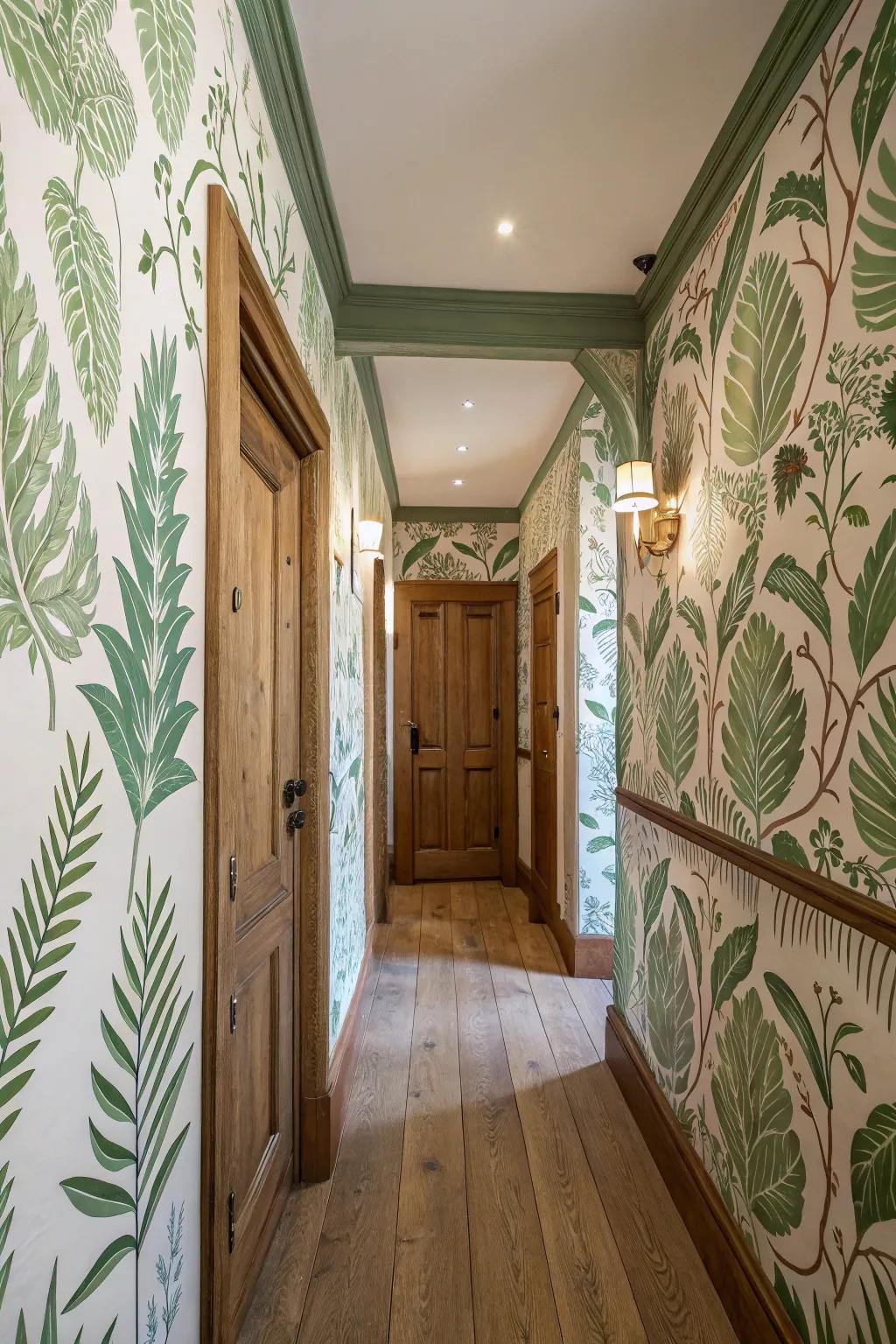 A hallway that reveres nature through foliage theme surface covering.