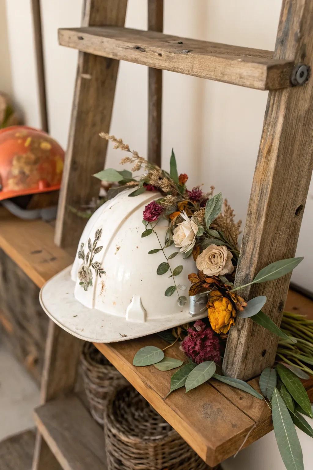A hard hat beautifully decorated with pieces from nature.