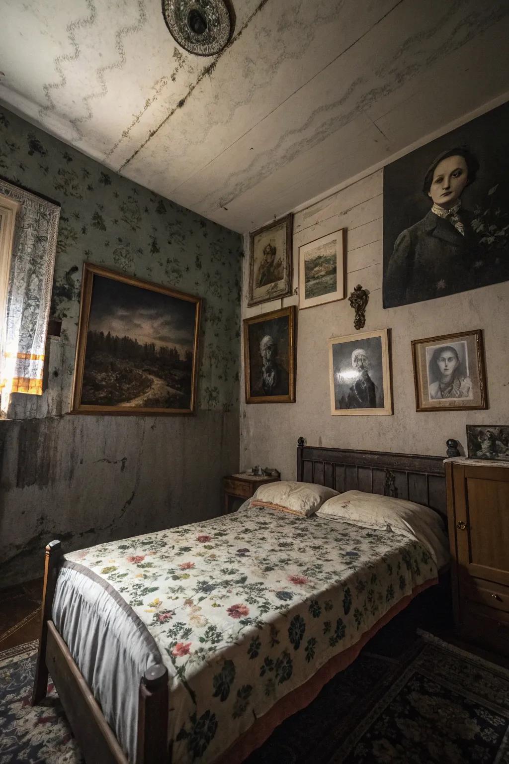 Eerie artworks heighten the haunted atmosphere.