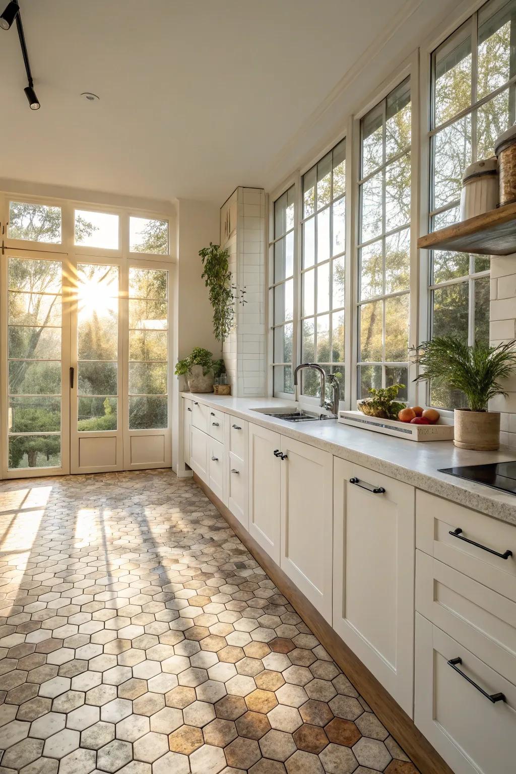 Natural illumination enhances the visual allure of hexagon tessellation designs.