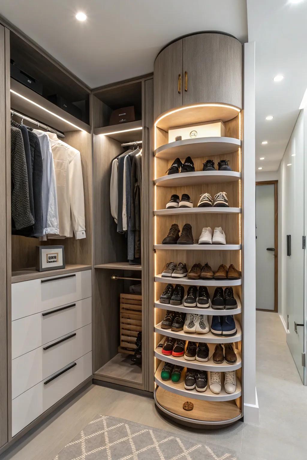Revolving shoe racks provide straightforward access and effective storage.