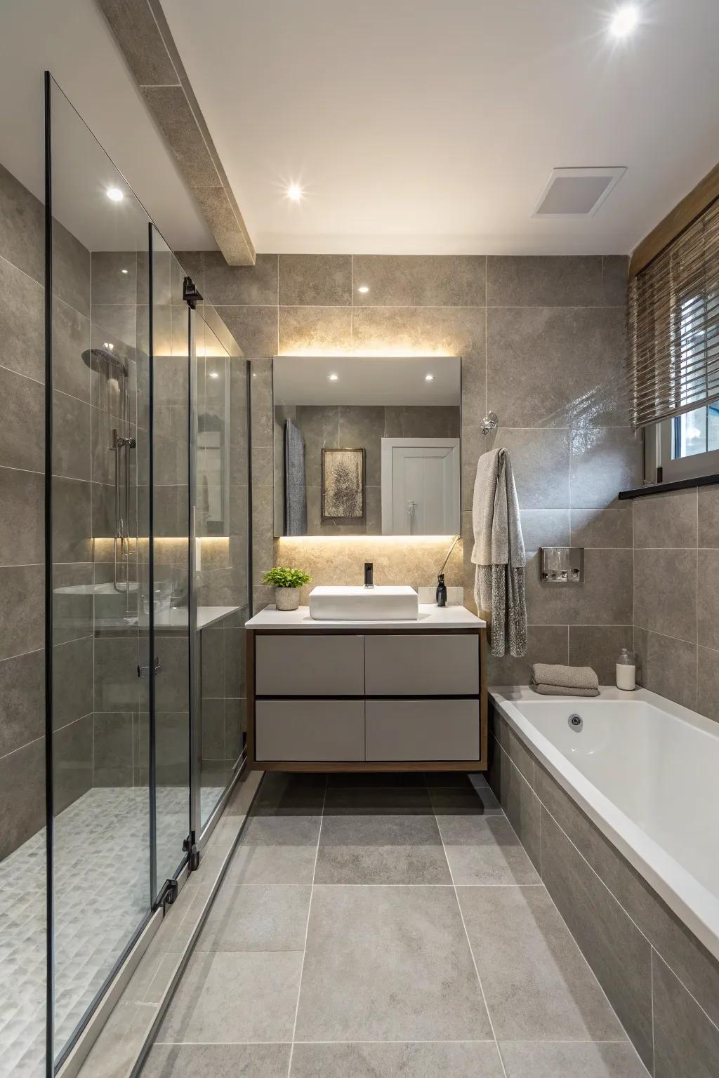 Coordinating decor assures seamless integration of the concealed shower.