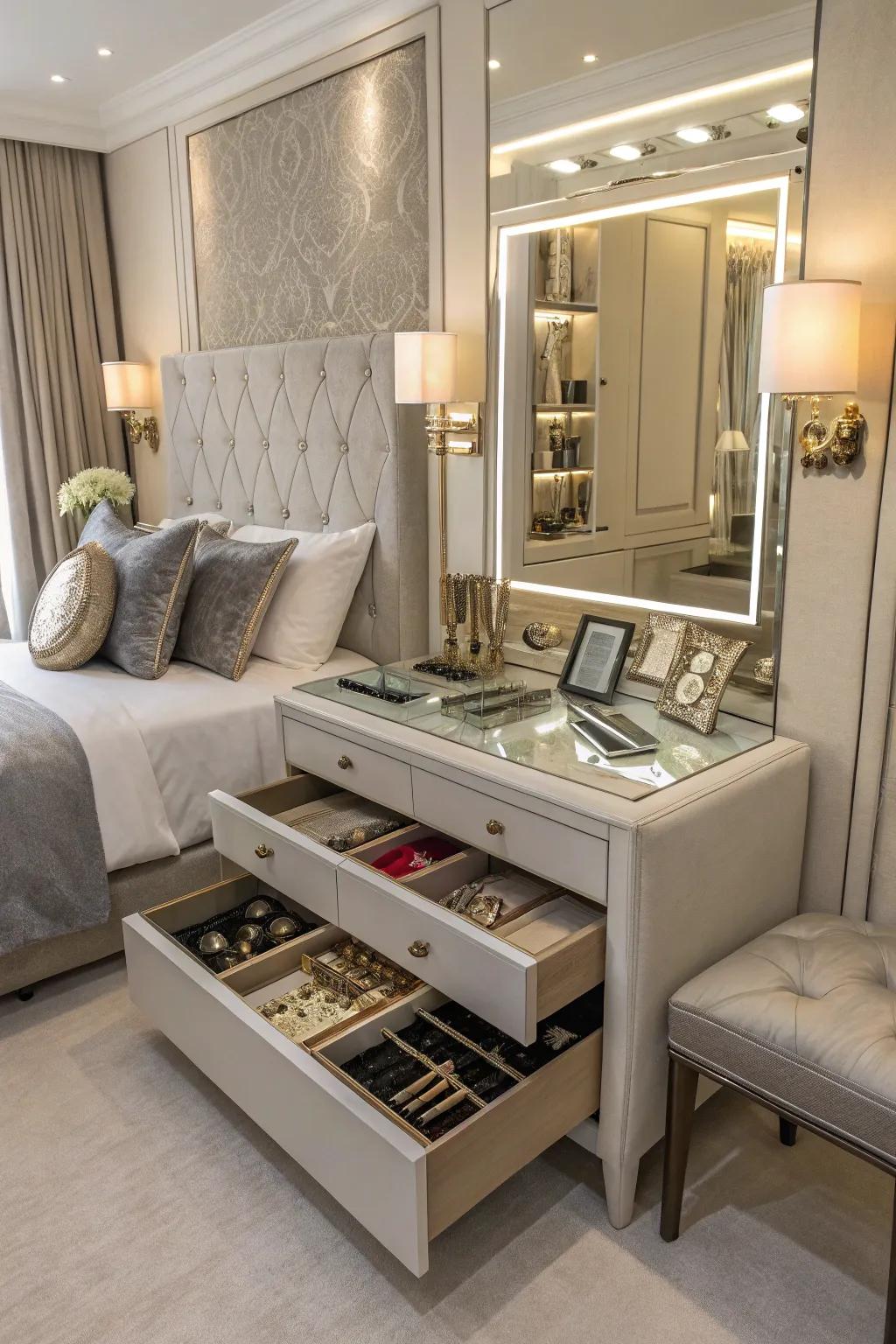 Elegant mirror with hidden storage for jewelry