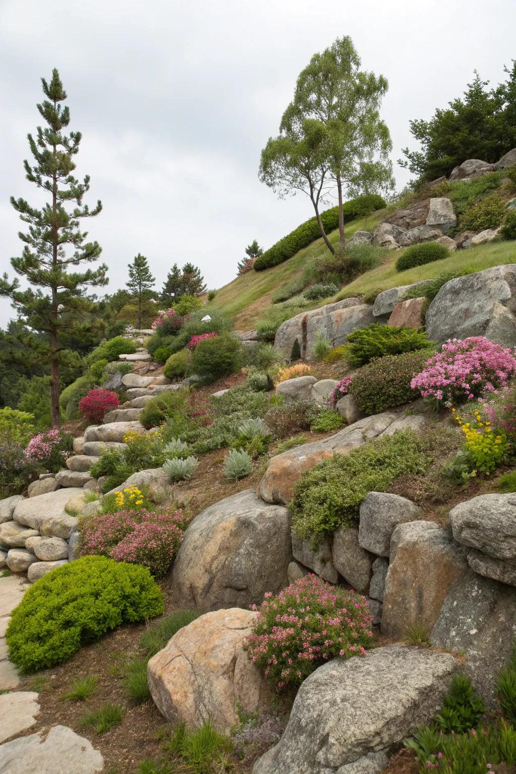 A rock garden gives a hillside a natural, low-maintenance appeal.