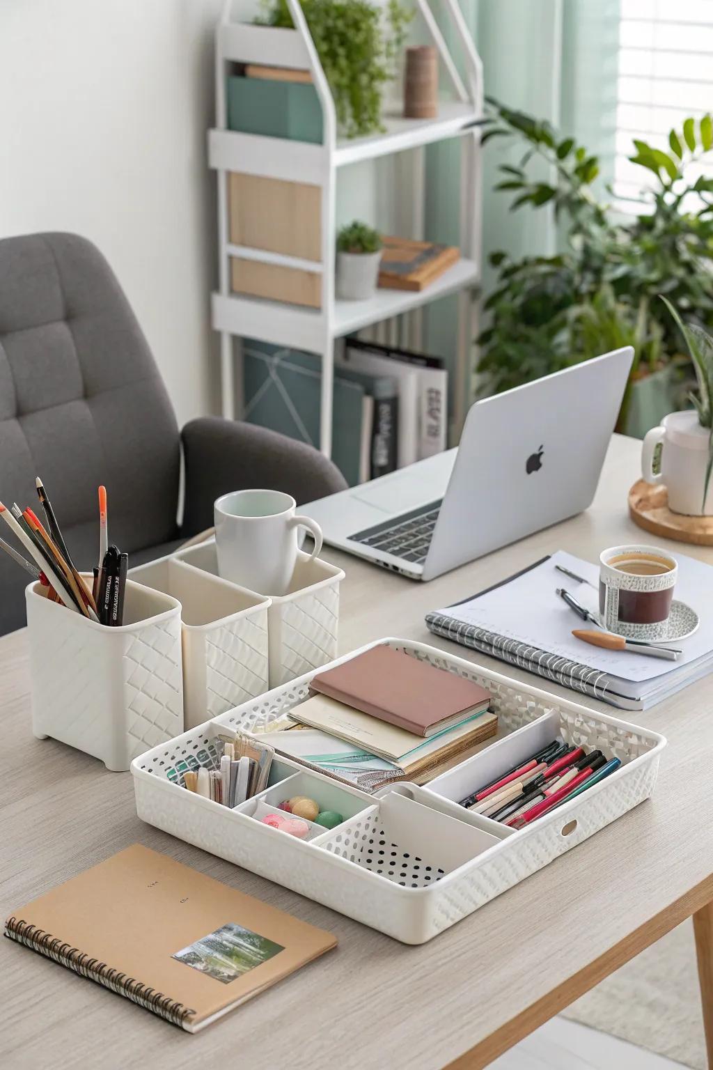 An orderly home office enhanced with stylish organizers.