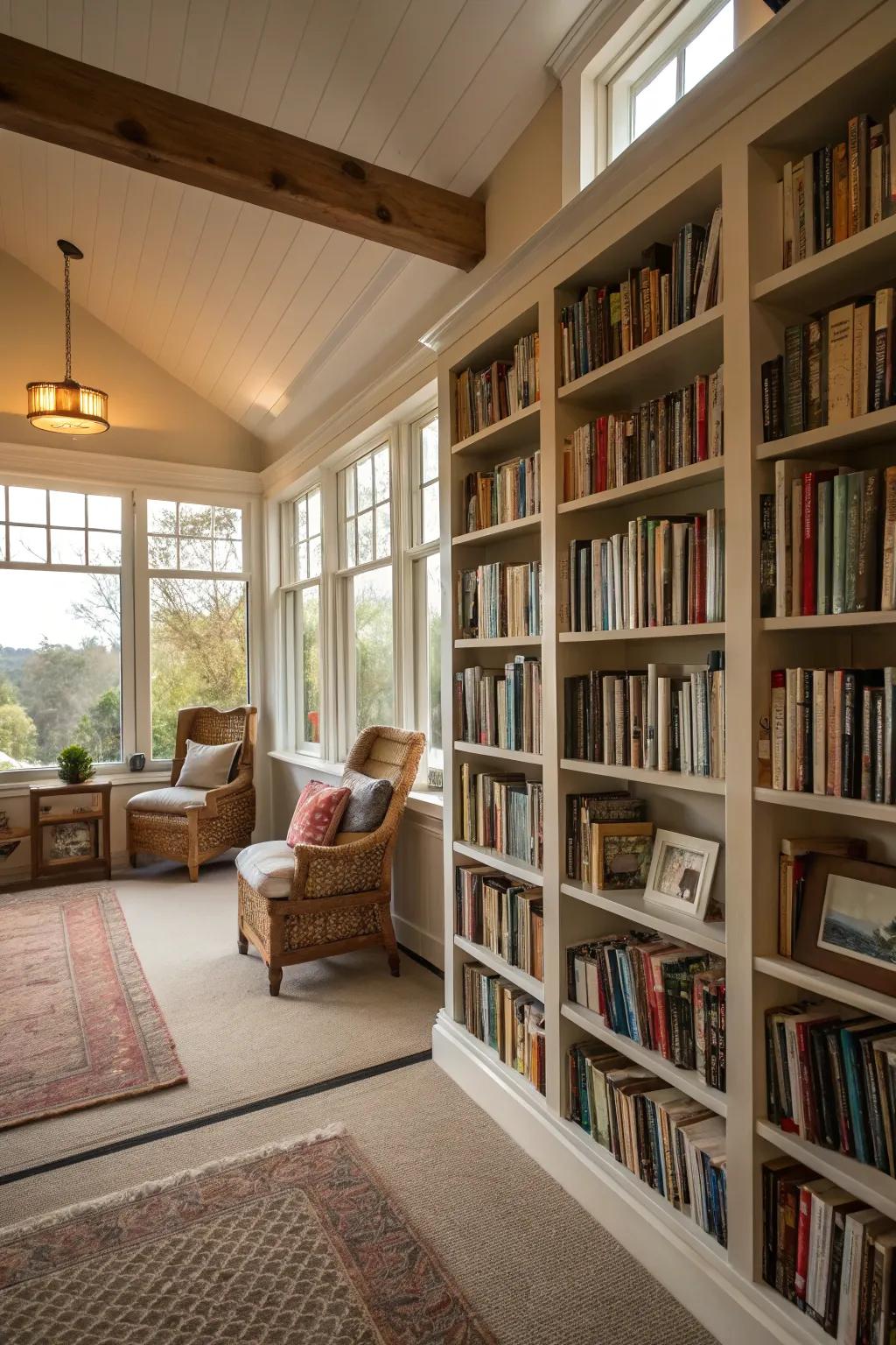 Open shelving creates a library that feels spacious and welcoming.