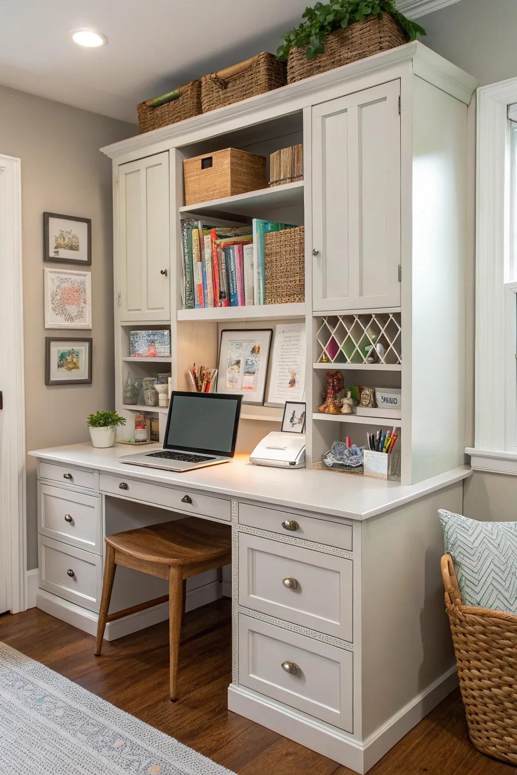 Multifunctional furnishings maximize area and efficiency.