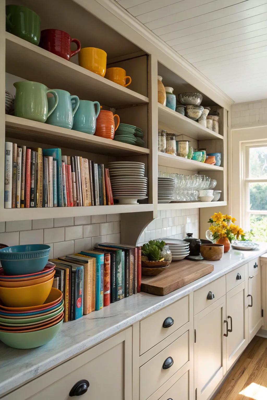 Visible shelves blending style with practicality.