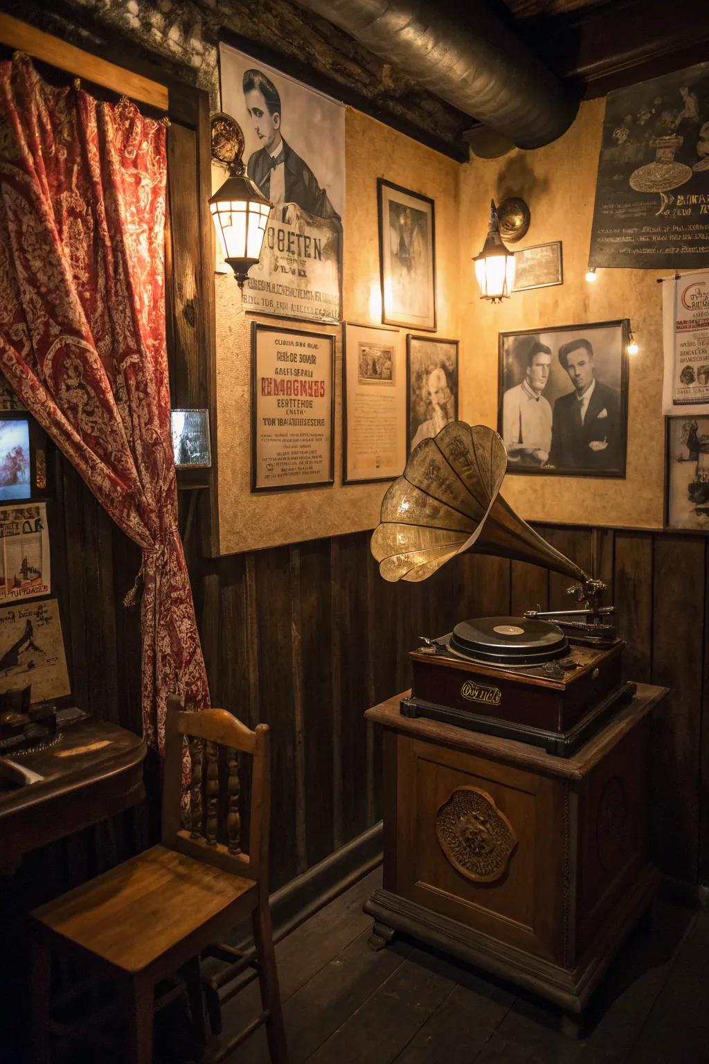 A vintage wind-up music player brings authentic sound to your speakeasy.