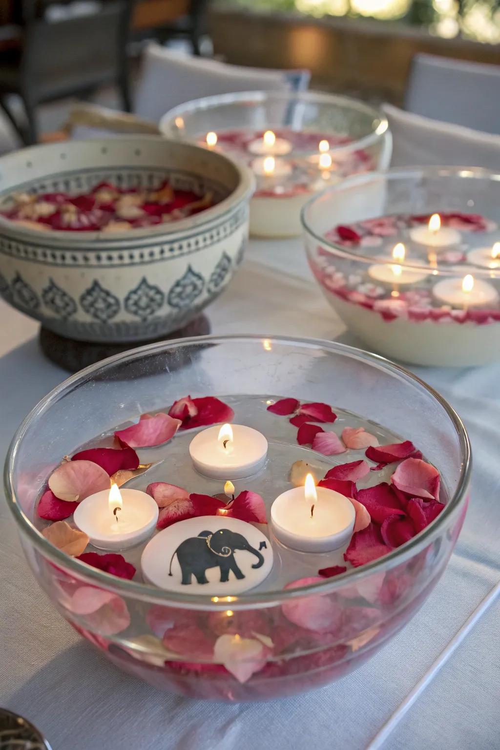 Tranquil centerpiece featuring candles shaped like floating elephants.