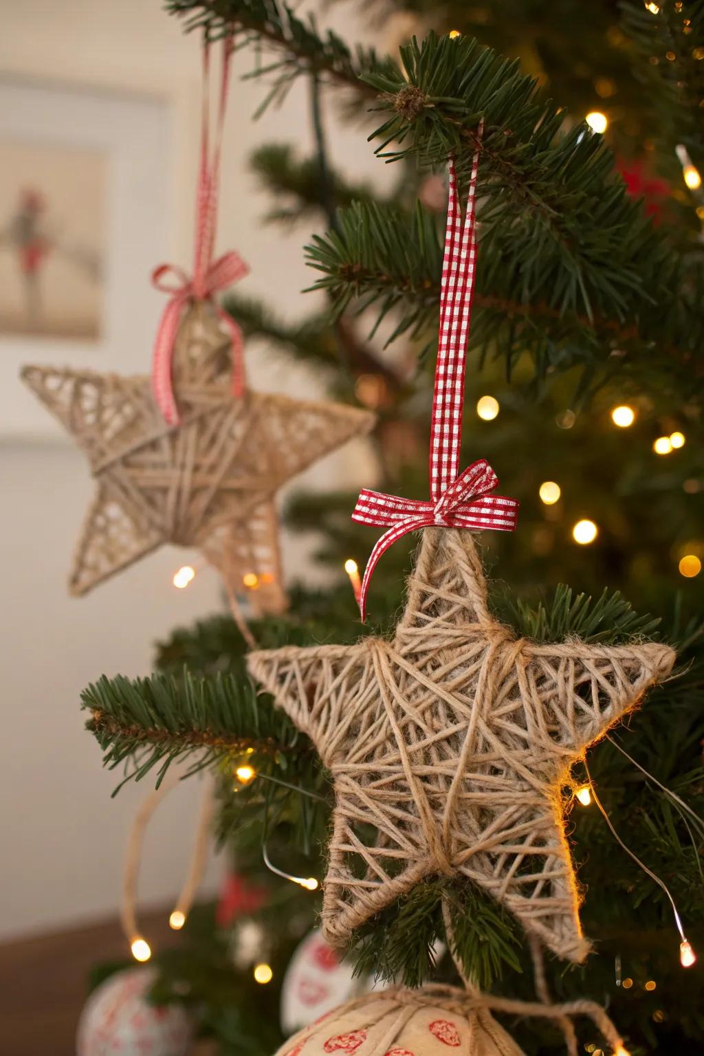 Countryside fiber-enfolded asterisk adornments contributing an agricultural ambiance to the festive ornamentation.