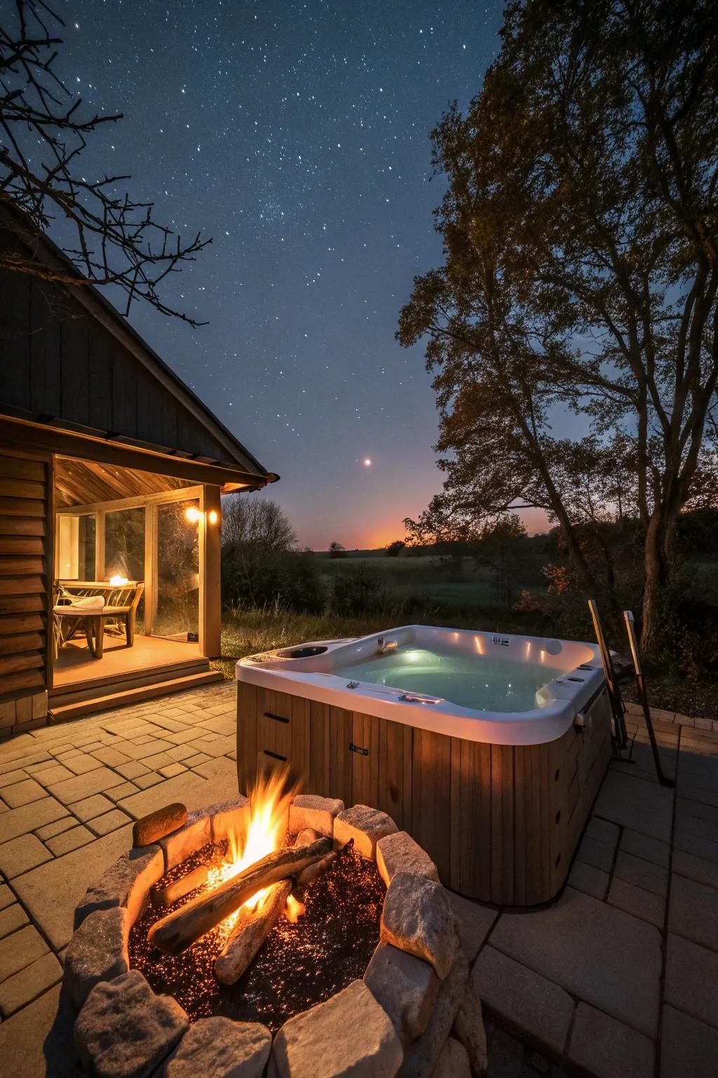 A harmonious confluence of fire and liquid featuring a spa and brazier.