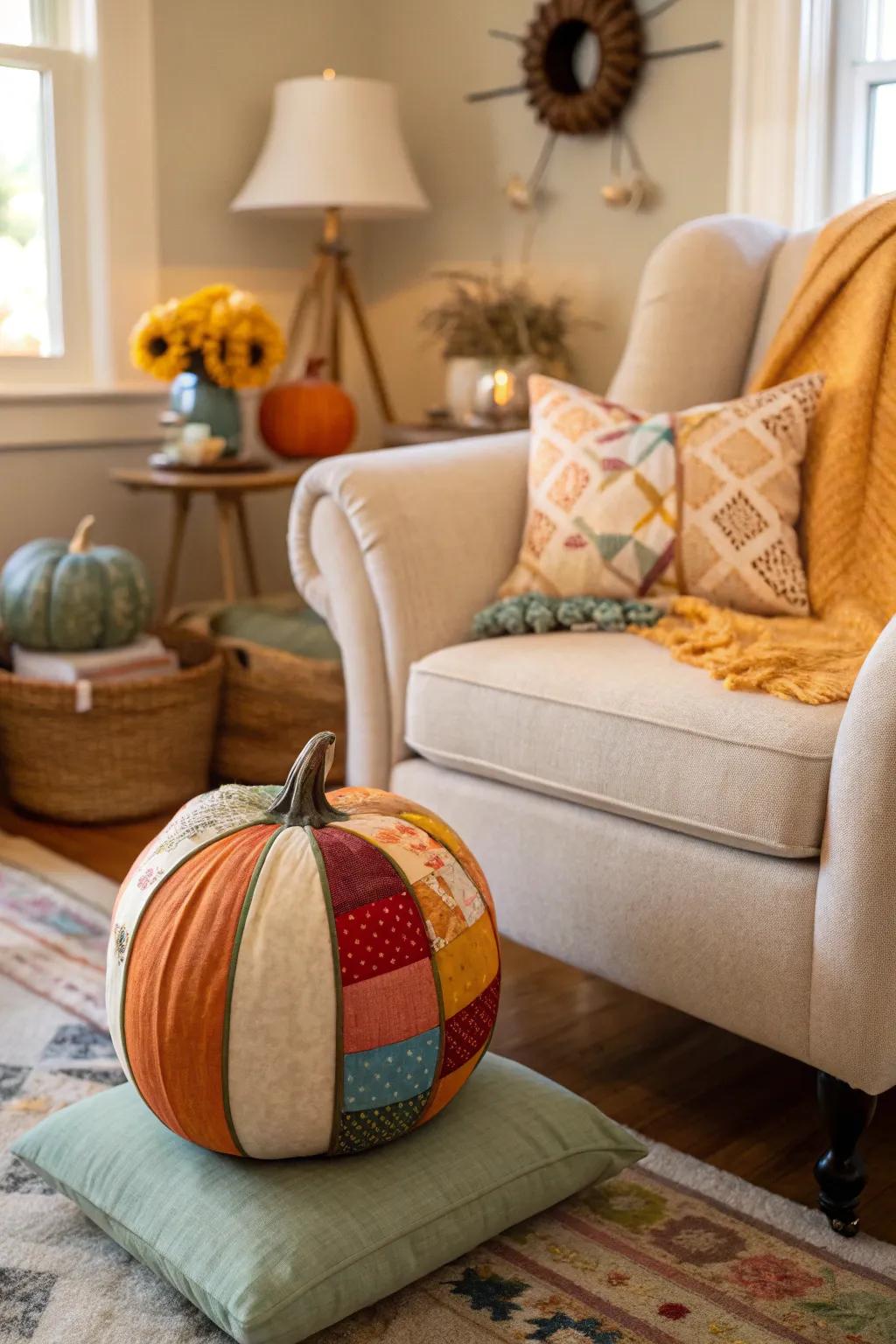 A material-wrapped pumpkin that introduces warmth and texture.
