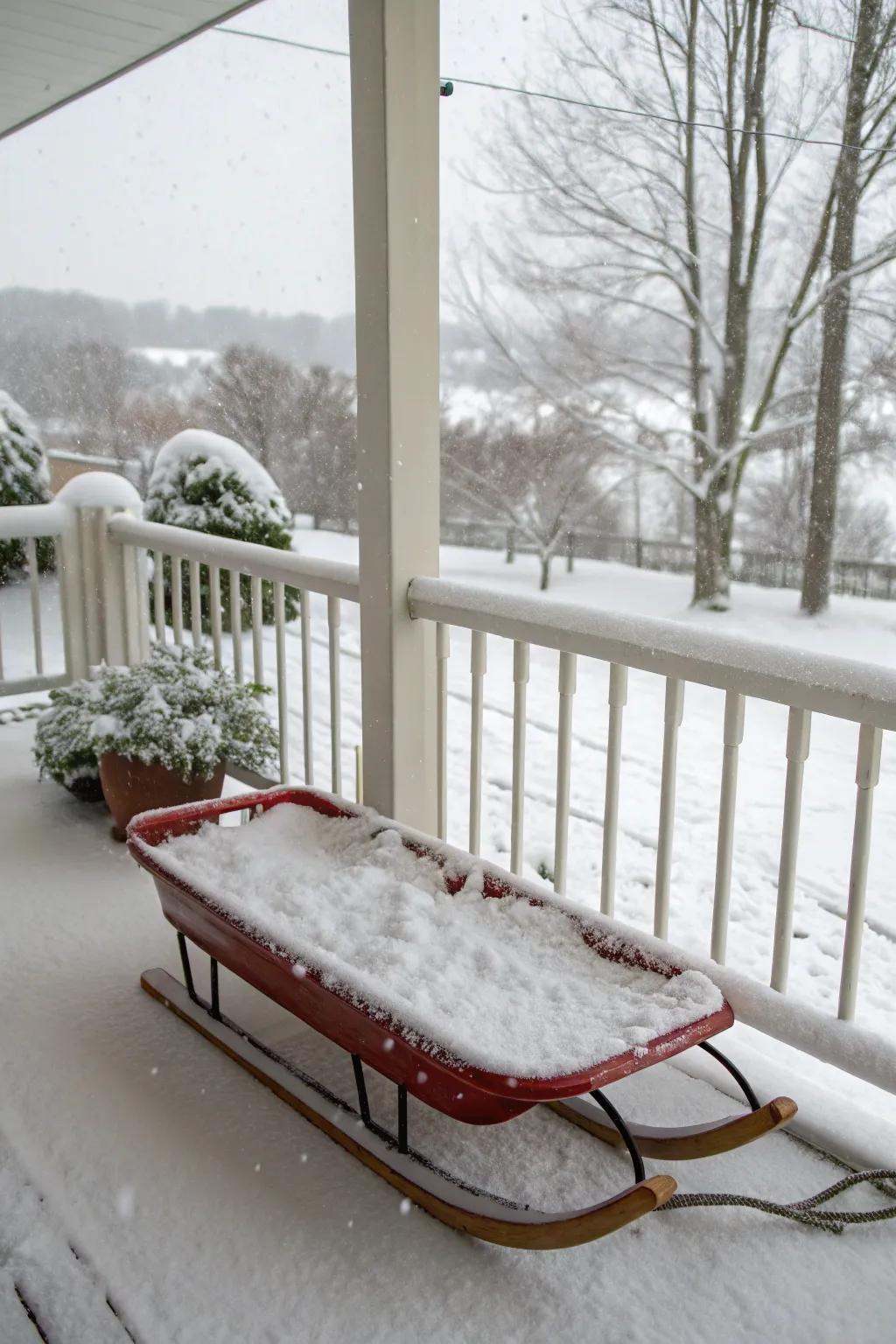 A sled transmuted into a wintry wonderland through the inclusion of artificially produced snow