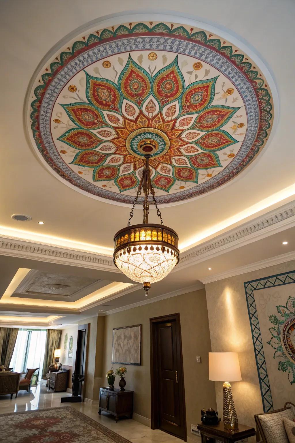 An exquisite chamber featuring a chromatic overhead plane rosette encircling an illuminating fixture.