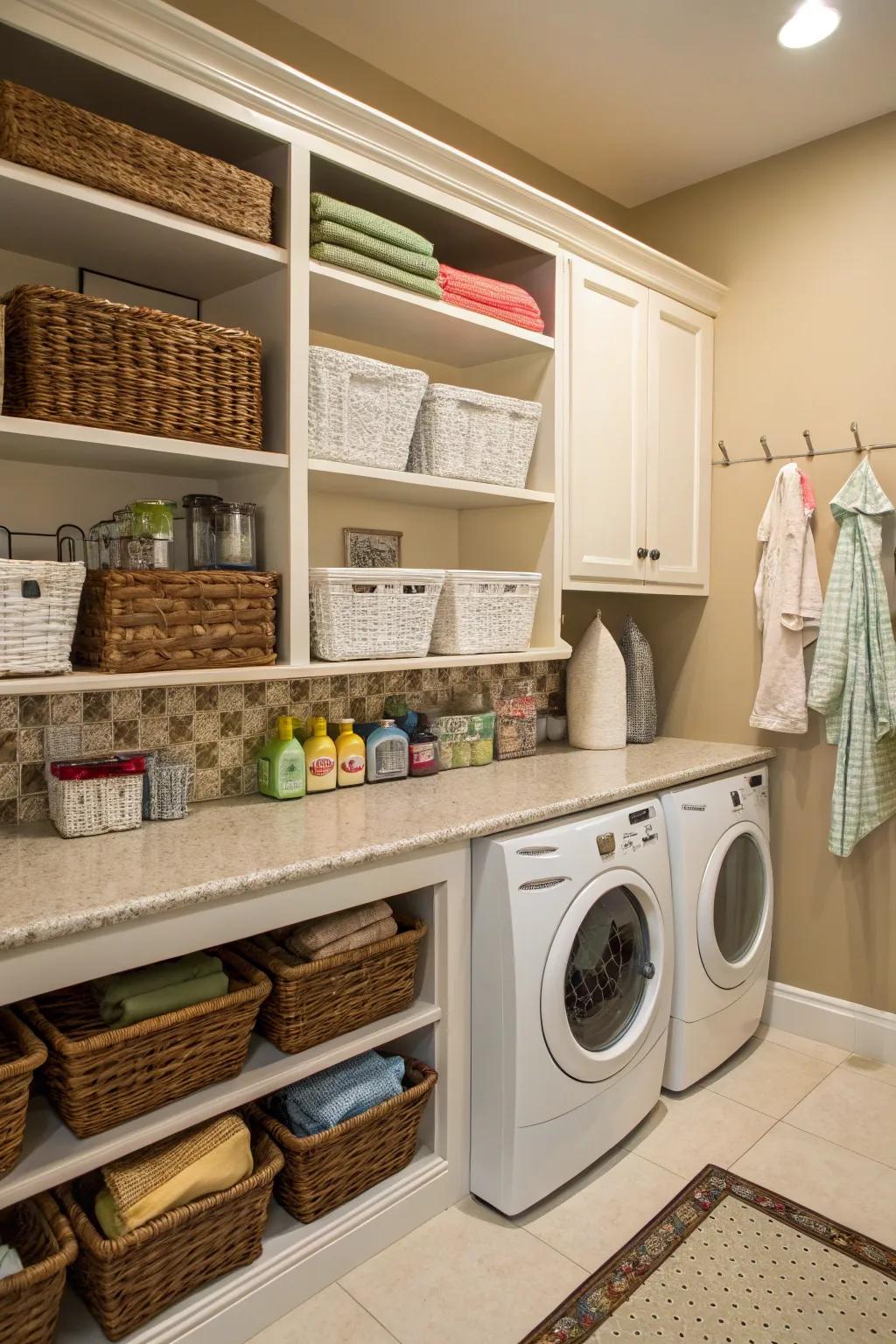 Baskets sustain laundering chambers neat and charming.