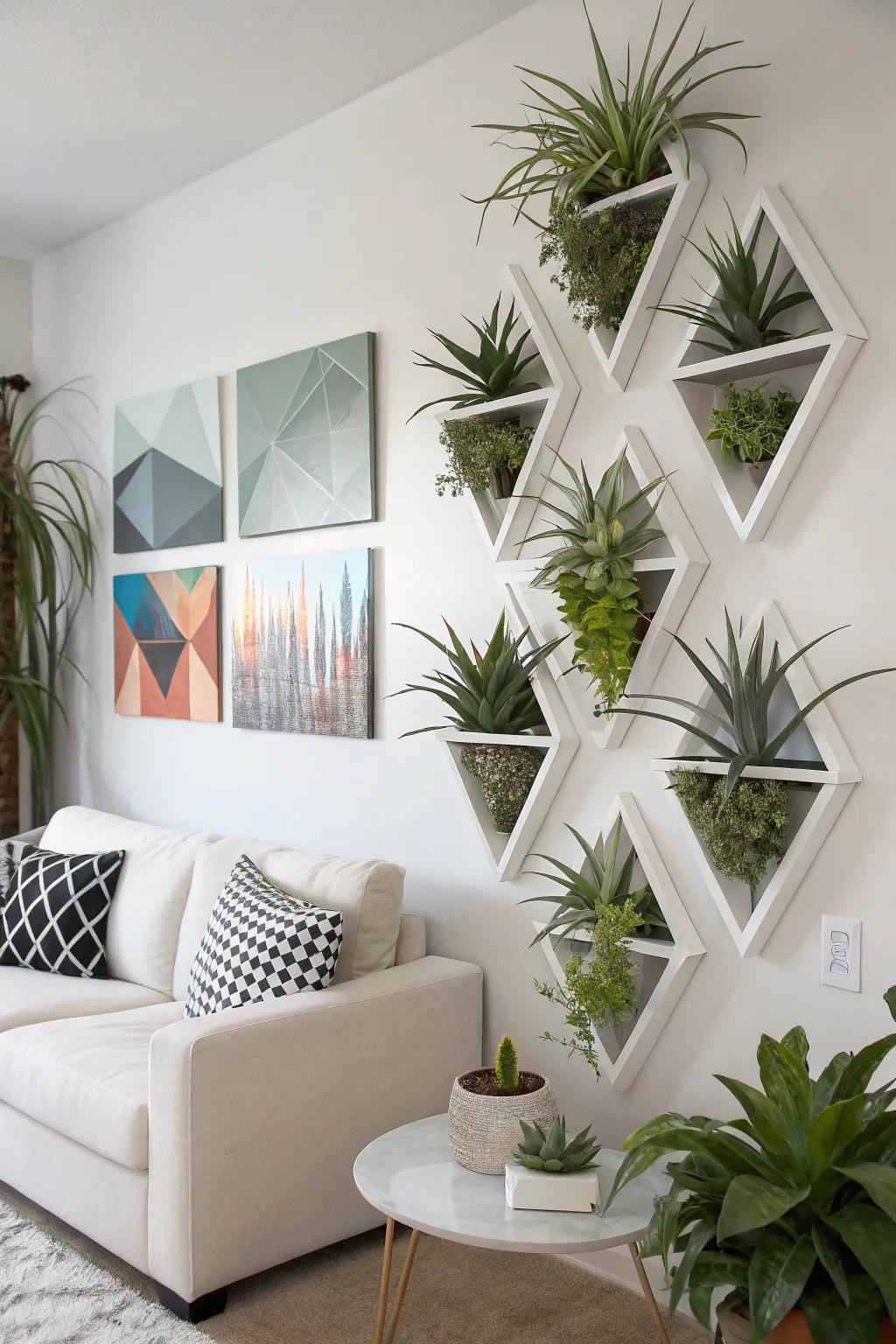 Geometric wall containers featuring air plants for a contemporary aesthetic.