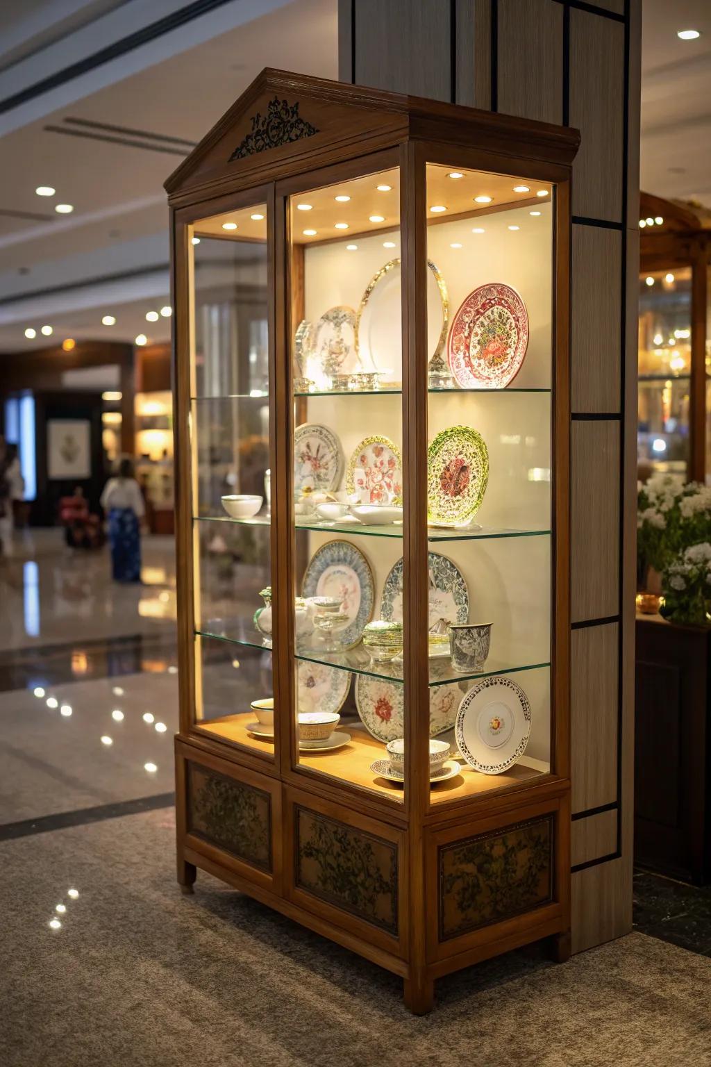 An illuminated display cabinet exquisitely brightening a compilation of china.