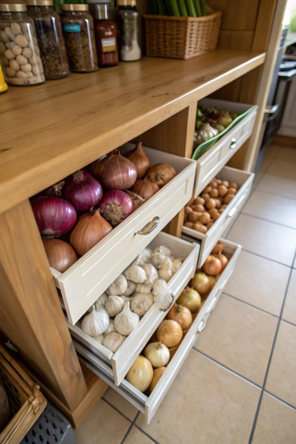 Under-shelf caches offer practical storage for produce.