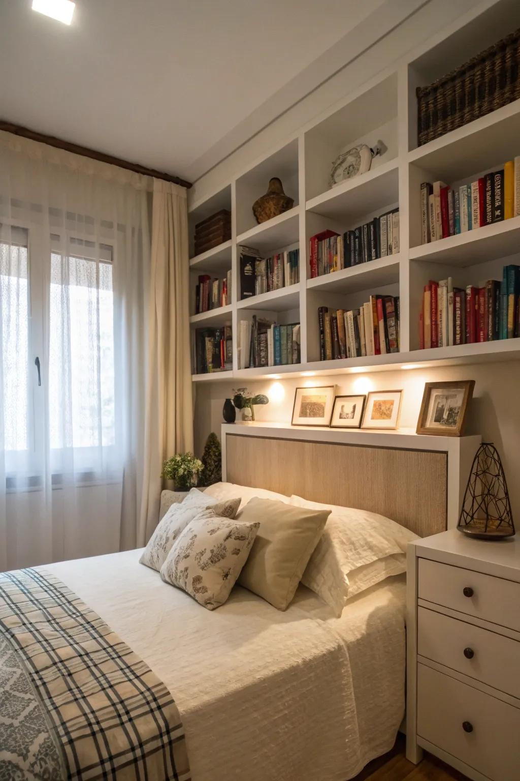 A headboard enhanced with shelves, offering supplementary storage capabilities.