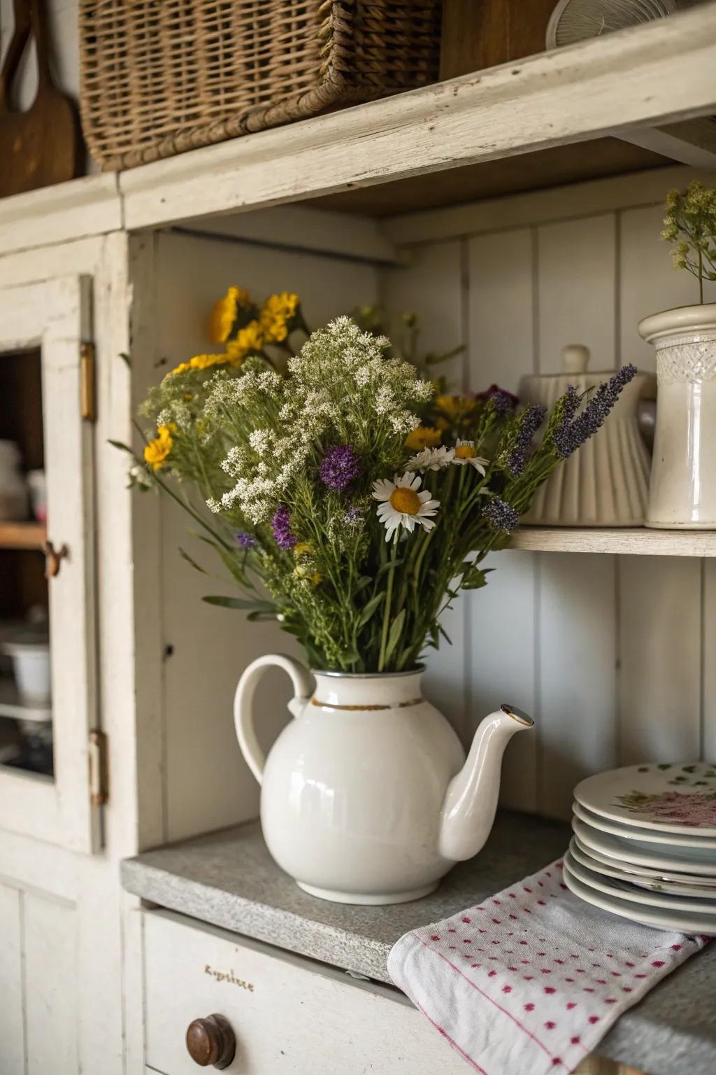 An uncommon vessel displaying a casual flower selection.