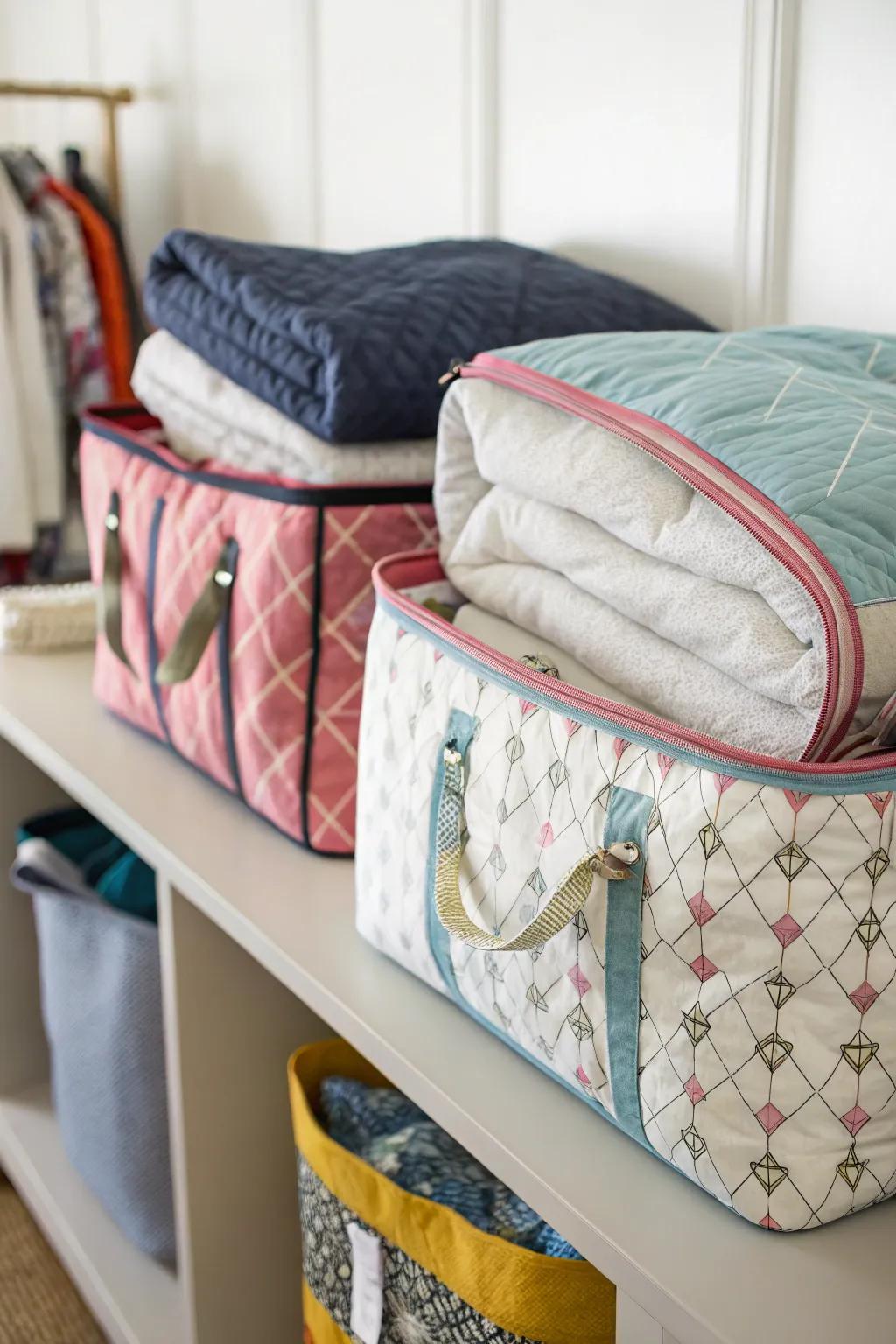 Textile holding sacks with fasteners housing comforters on a shelf.