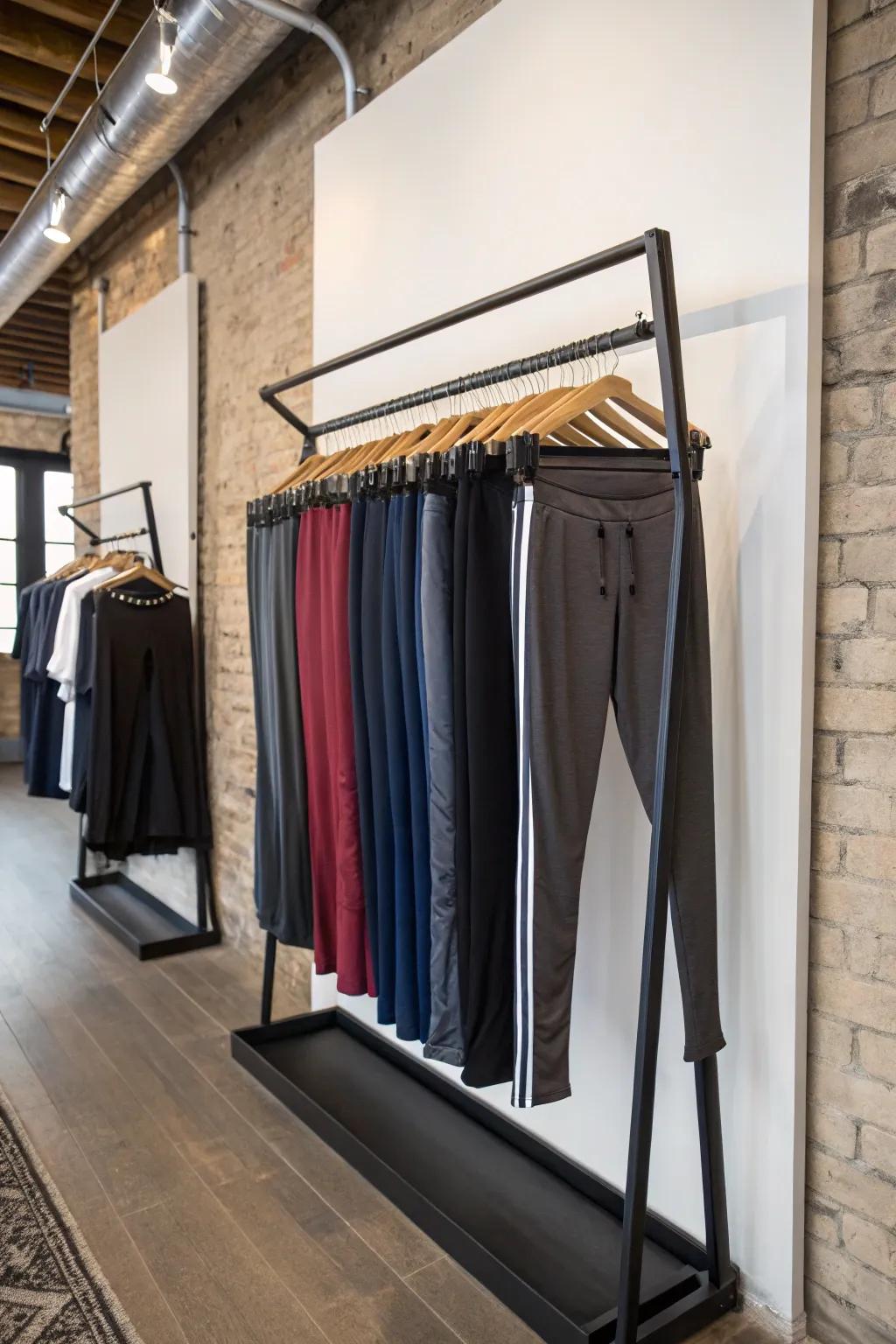 Select wall-mounted racks for a sophisticated, space-optimized leggings storage solution.