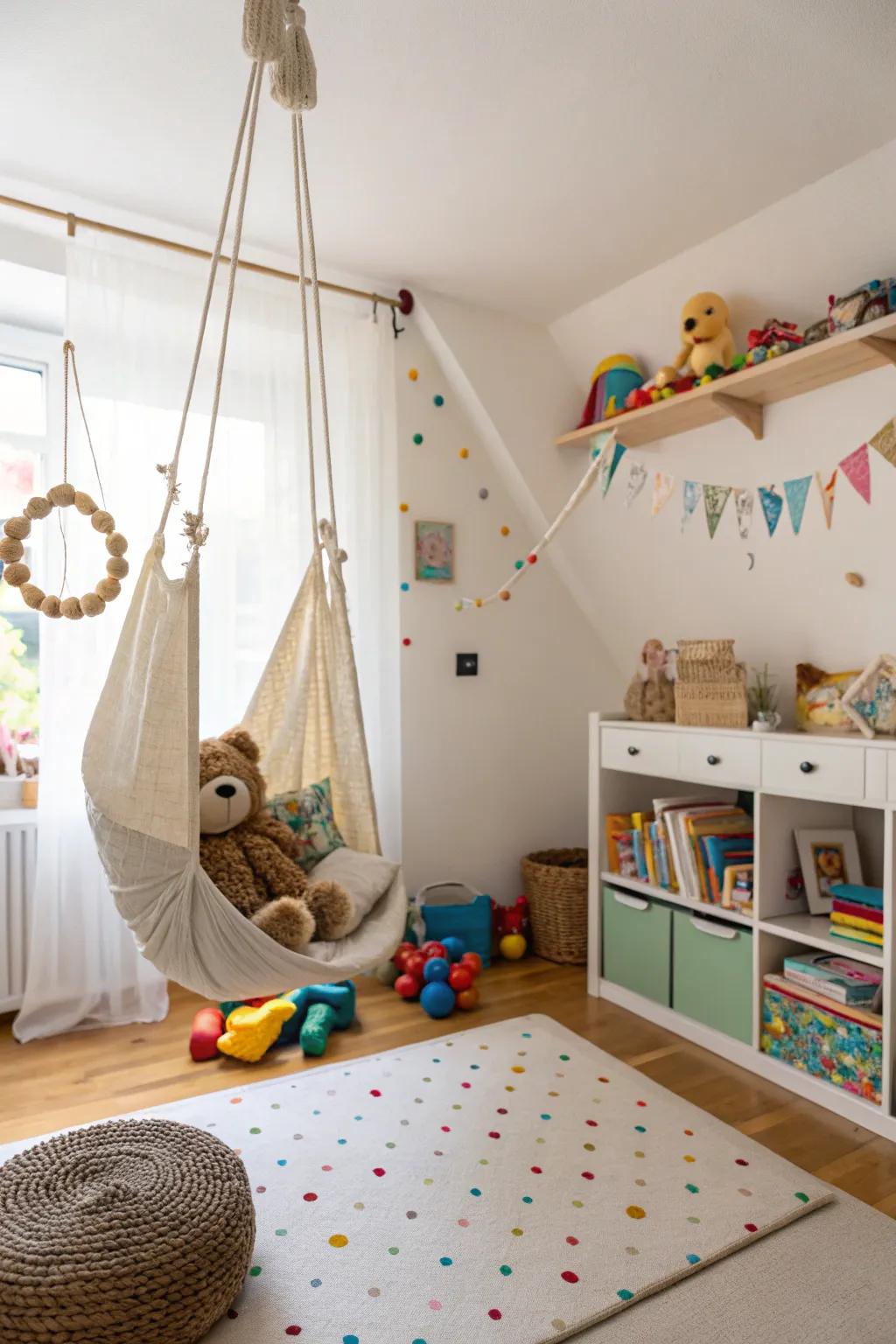 A swing adds a touch of magic to stuffed animal storage.