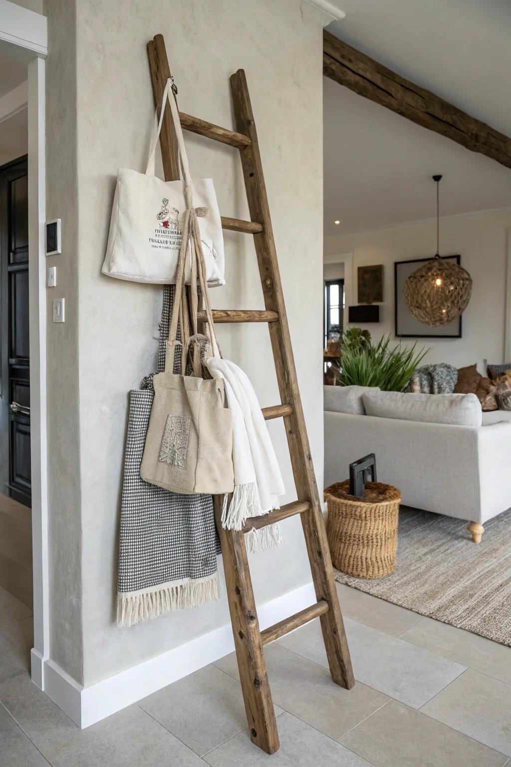 A step ladder introduces idyllic allure to carryall storage.