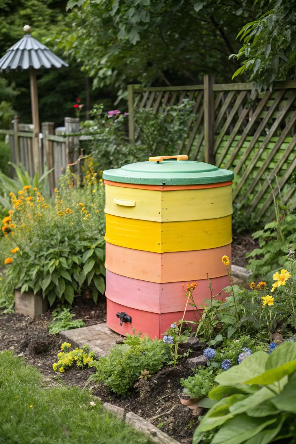 A brightly painted compost container serving as a striking garden feature.