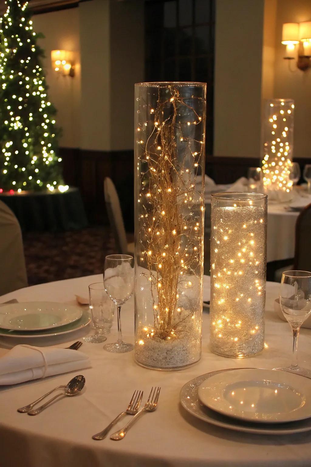 Twinkle lights contained within hurricane vases, which create a captivating and enchanting atmosphere.
