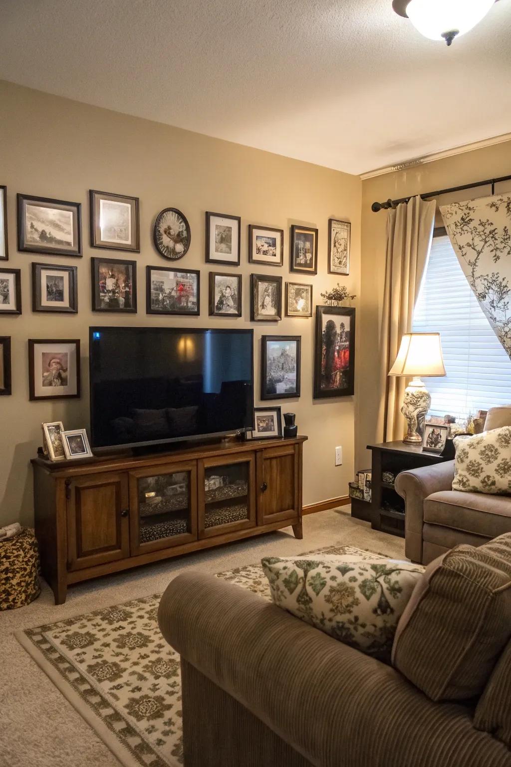 Framing a TV with pictures establishes a focal point.