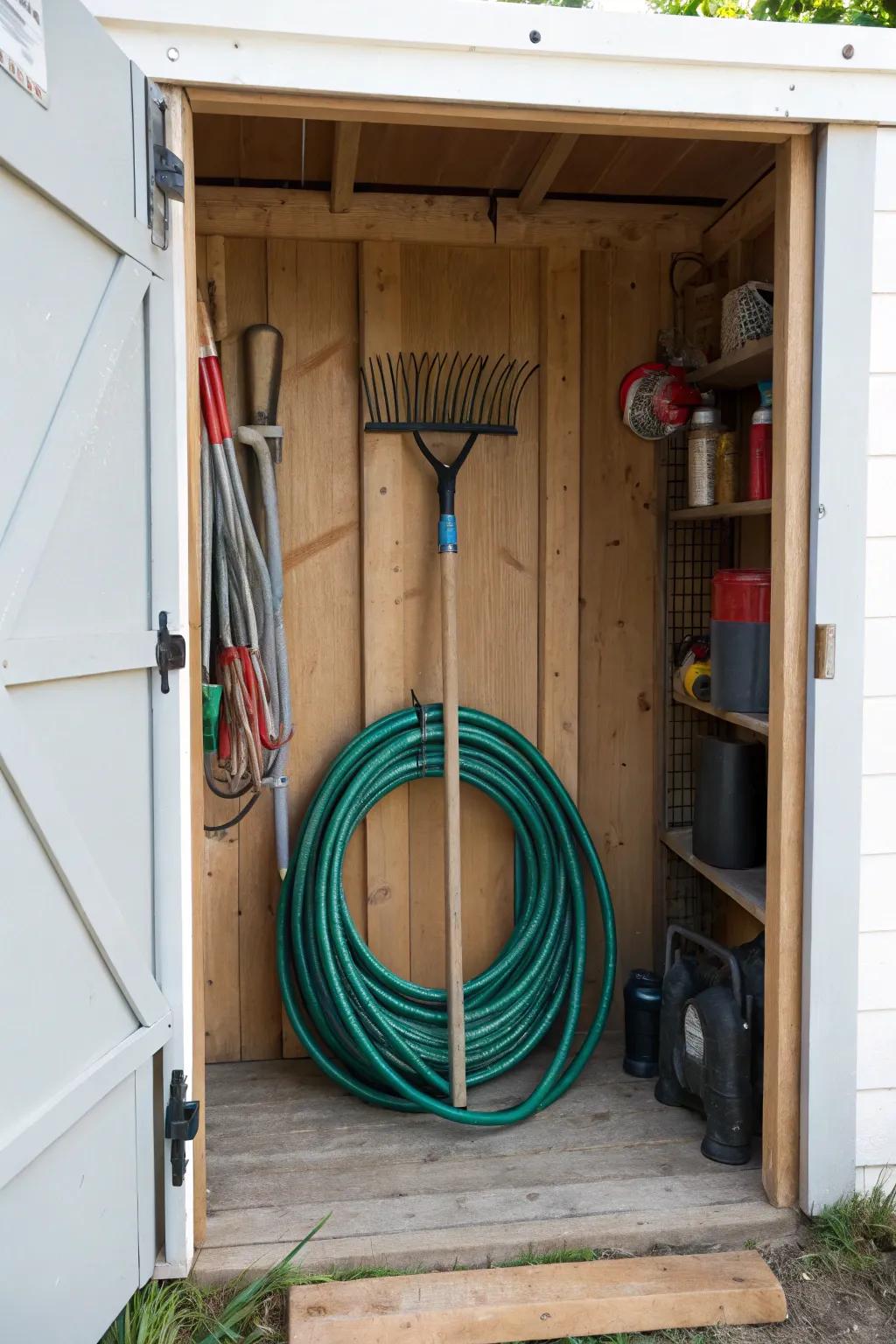A rake handle serves as a brilliant hose coordinator.