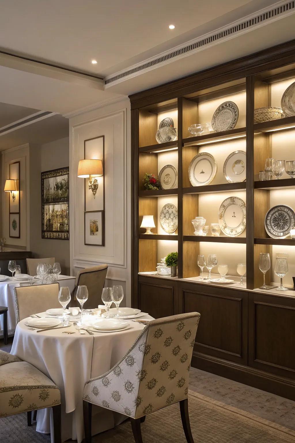 Elevate your dining ambiance through the incorporation of sophisticated in-wall shelves.