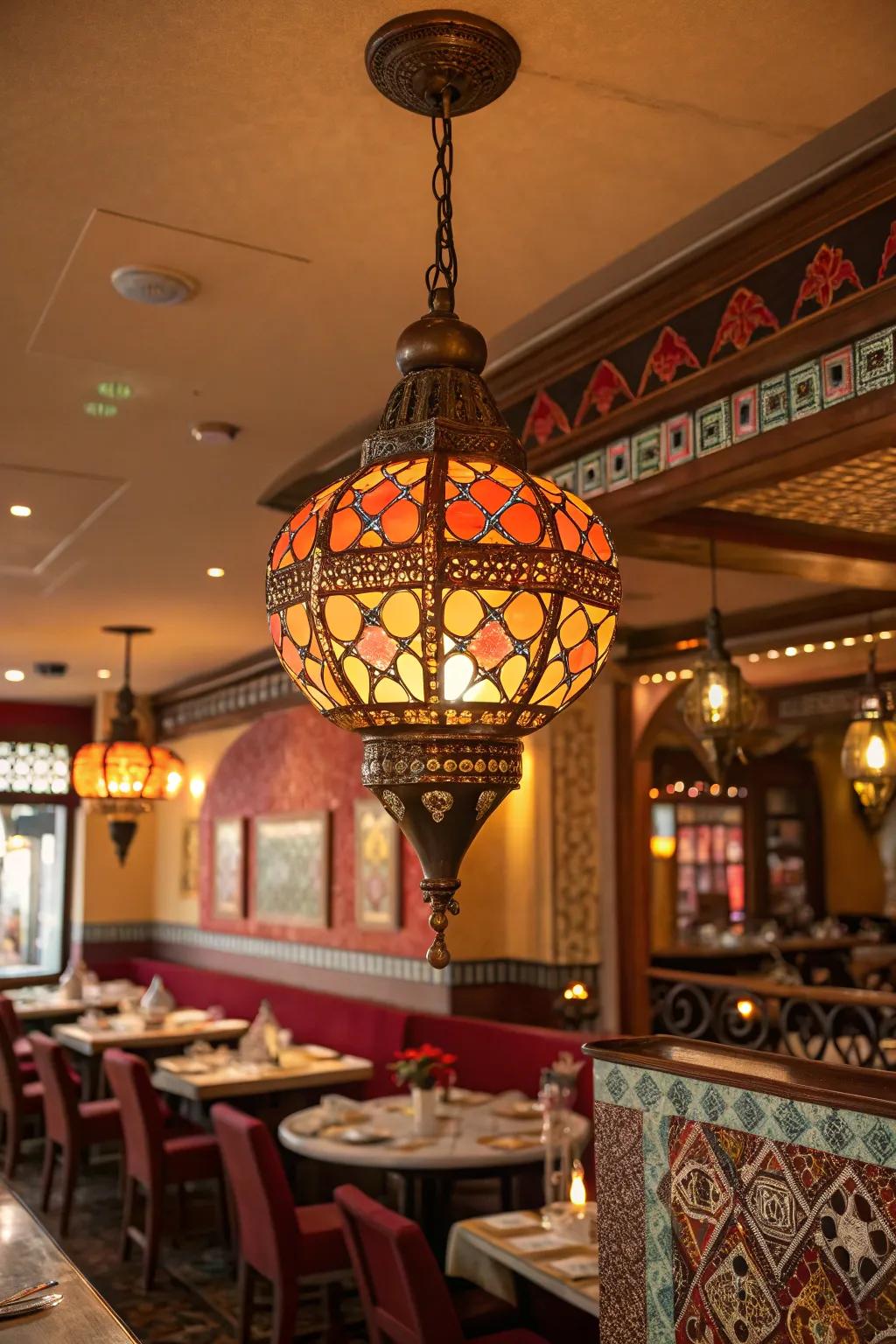 A statement lighting fixture elevates the ambiance in an Indian restaurant.