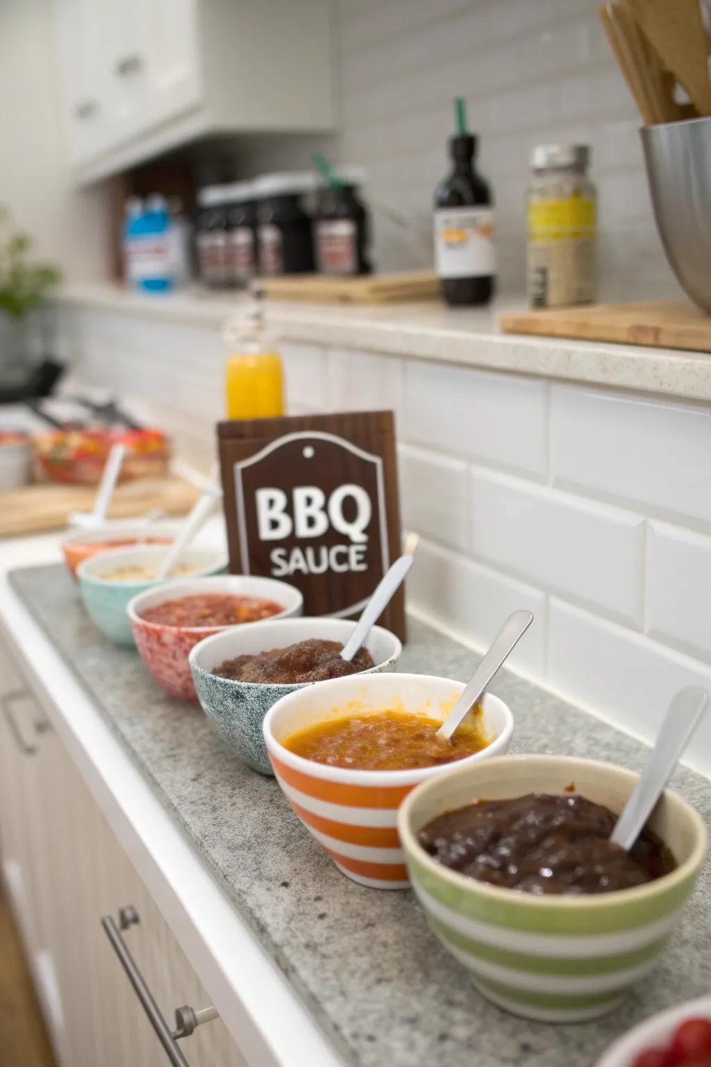 Guests can customize their tastes at a DIY BBQ sauce bar.