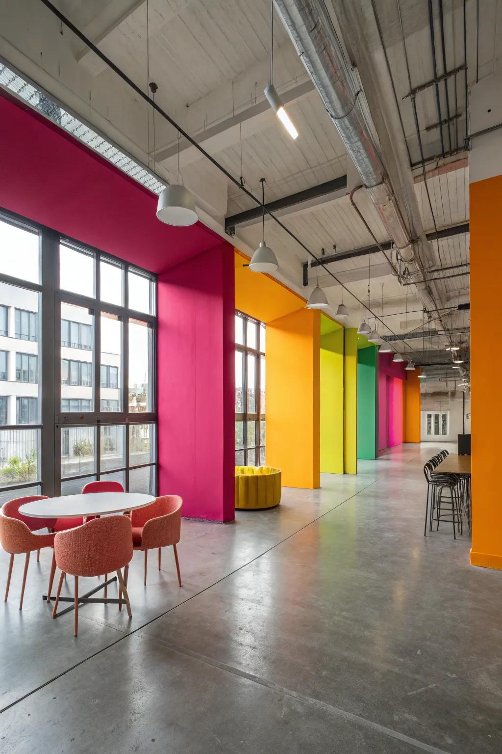 Dynamic color segmentation on a concrete floor demarcates distinct areas within this open-plan environment.