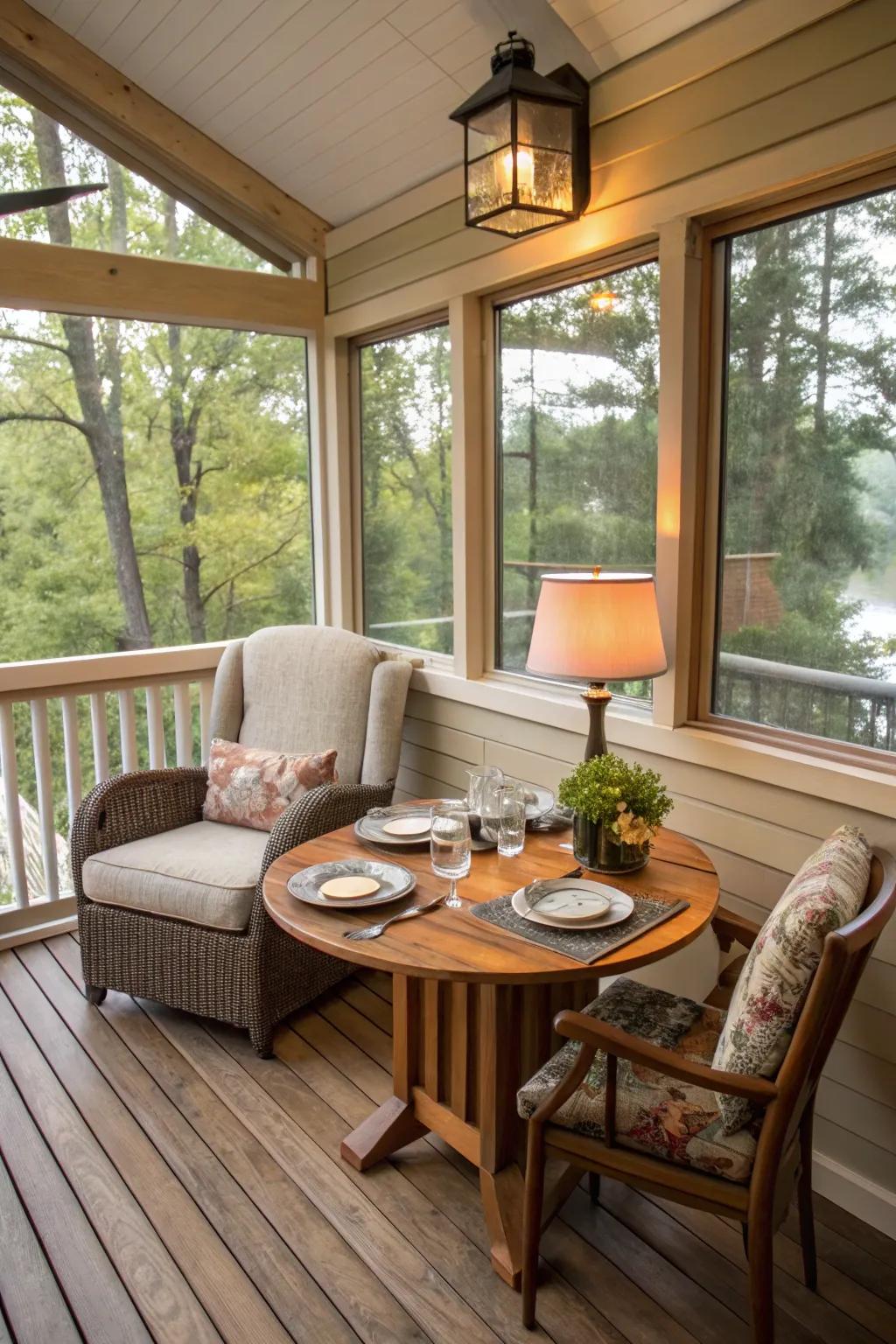 A versatile indoor deck featuring dining and relaxation zones.