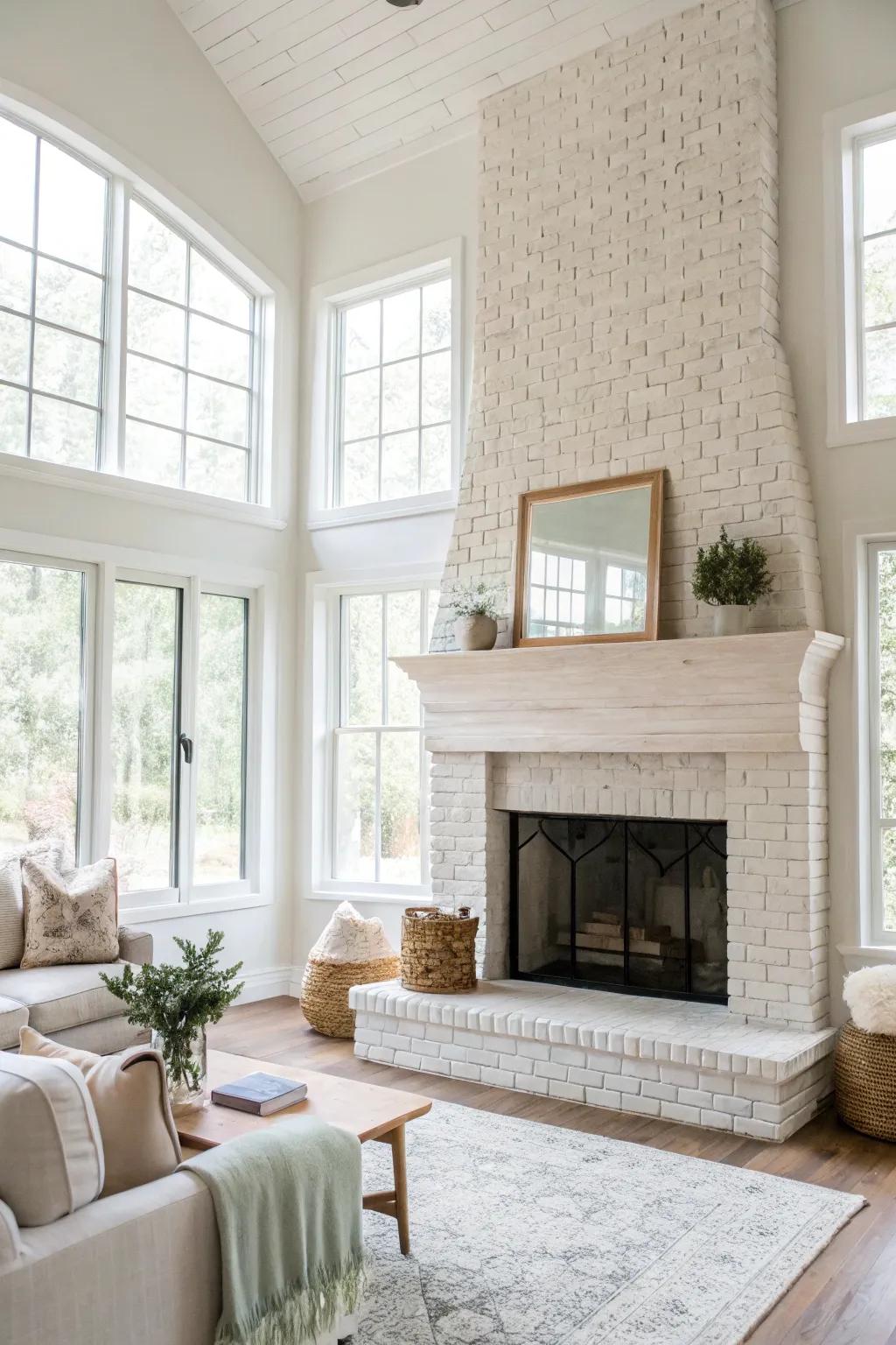 A living space showcasing a whitewashed brick fireplace, radiating brilliance and sophistication.