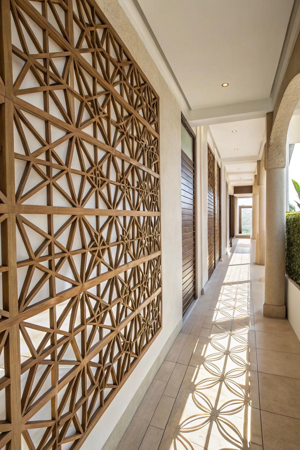 Geometric lattice design bestowing a modern nuance to the passageway.