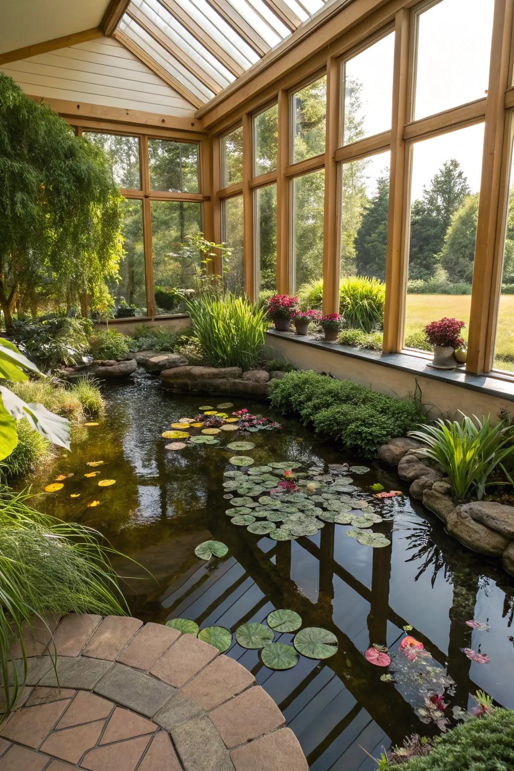 Sunrooms present the ideal setting for a dynamic interior pond.