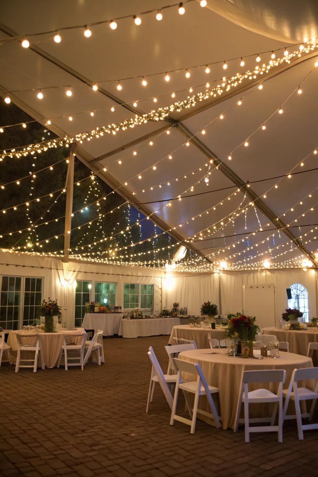 With creatively suspended fairy lights, engender a festive atmosphere.