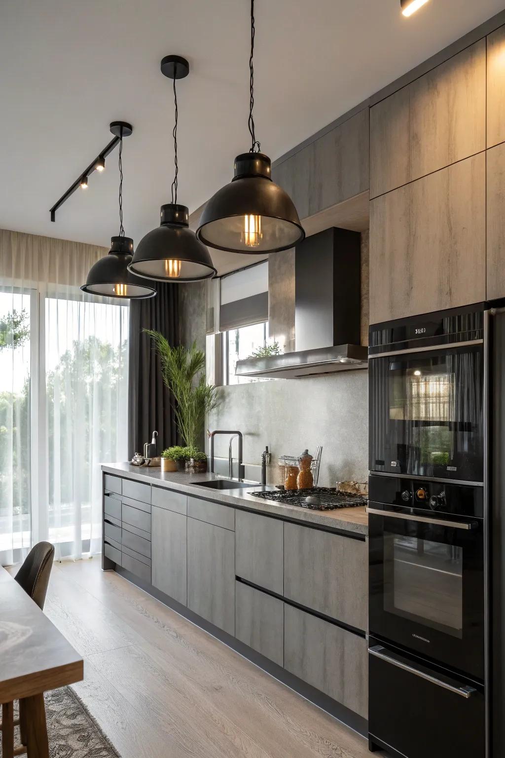 Industrial lighting introduces a striking focal point.