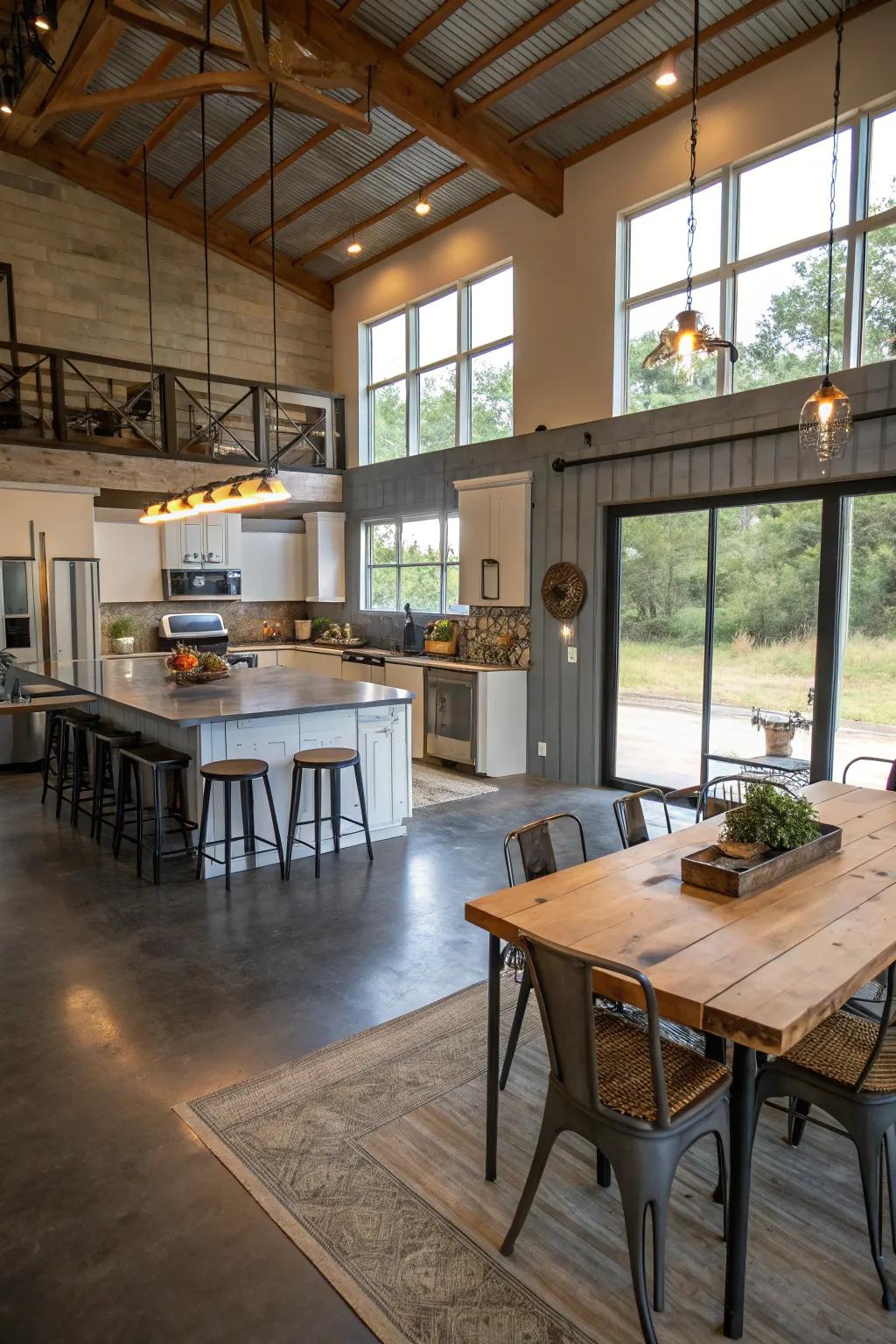 Open kitchen and dining zones promote socializing and convenience.