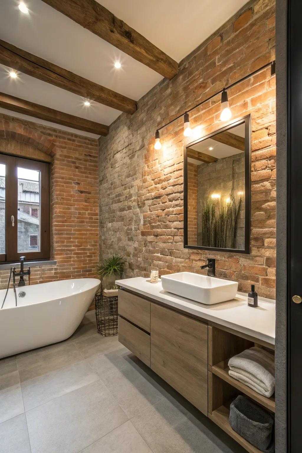 A singular restroom featuring an exposed brick wall, adding country charm to the sleek space.