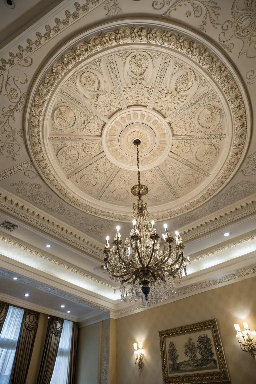 An ornate ceiling accent adds drama to the living room ceiling.