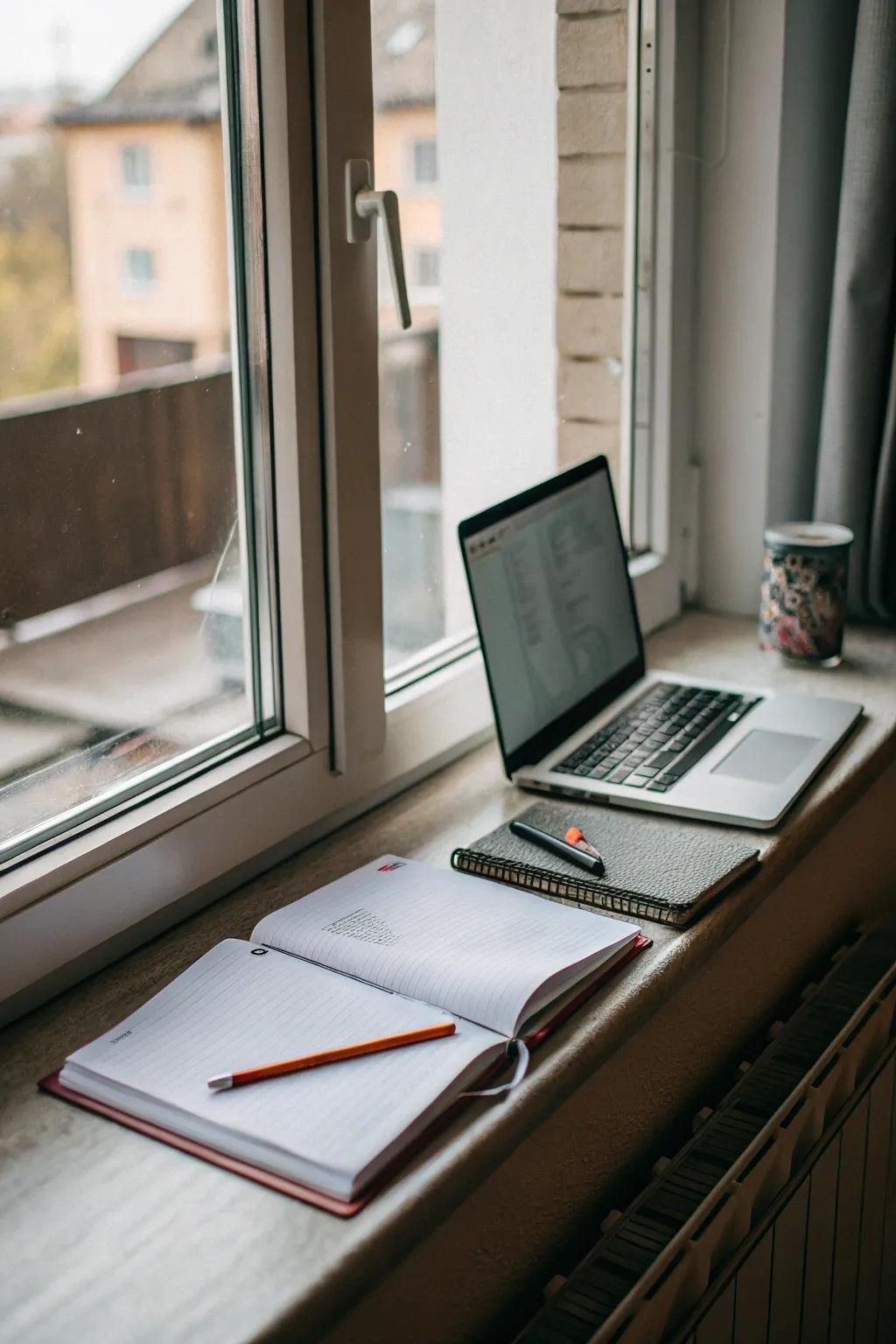 A window sill work area proffers a luminous and inspiring venue to function.
