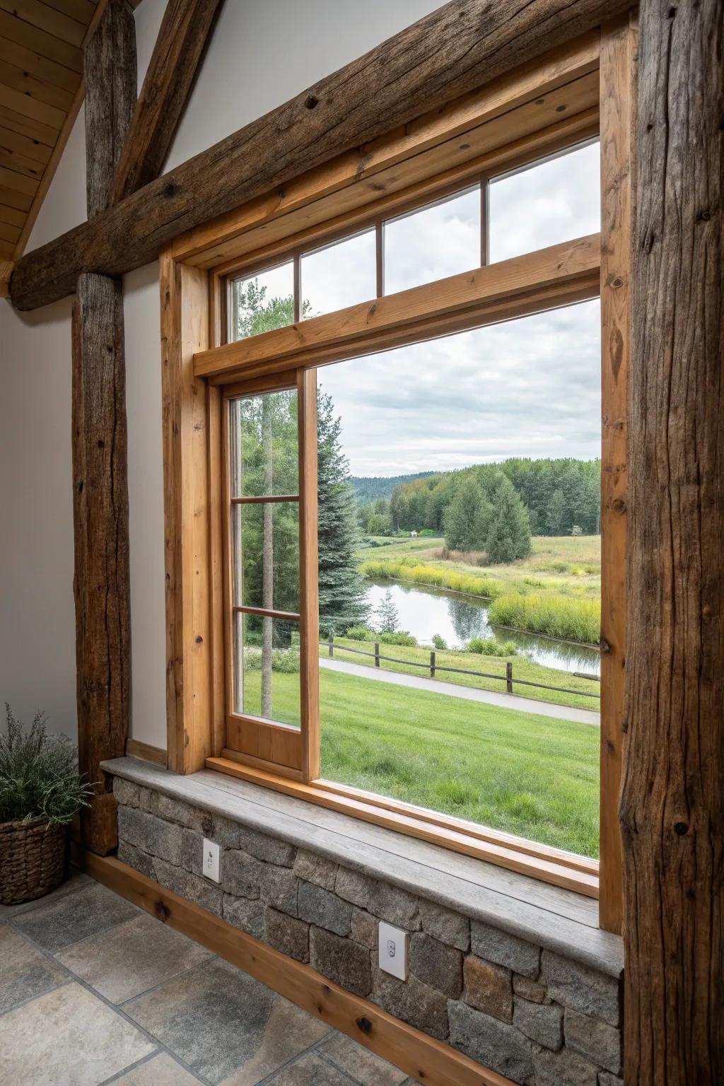A window embellished with rustic timber shaft border, thereby accentuating the agrarian aesthetic.